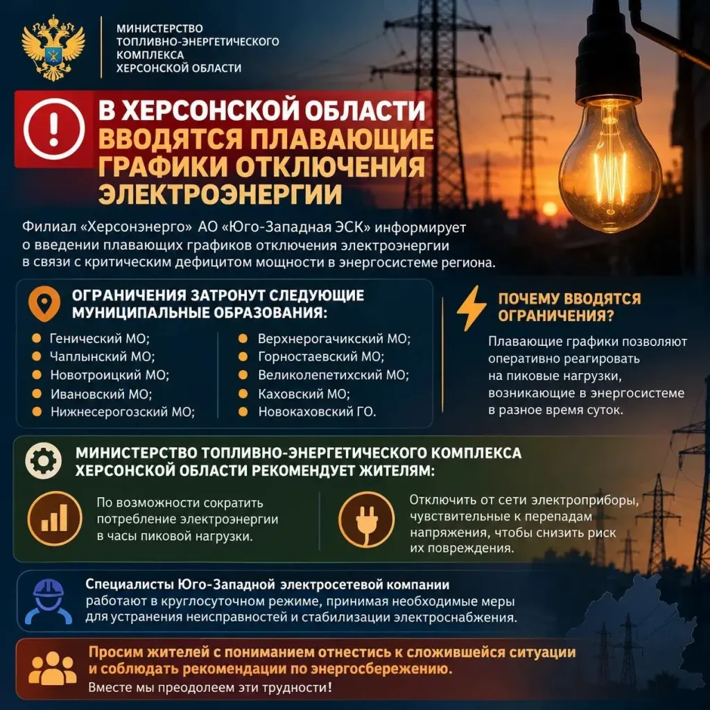 В Херсонской области вводят плавающие графики отключения света